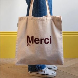 NWT Iconic Merci Tote Bag, Cream & Bordeaux